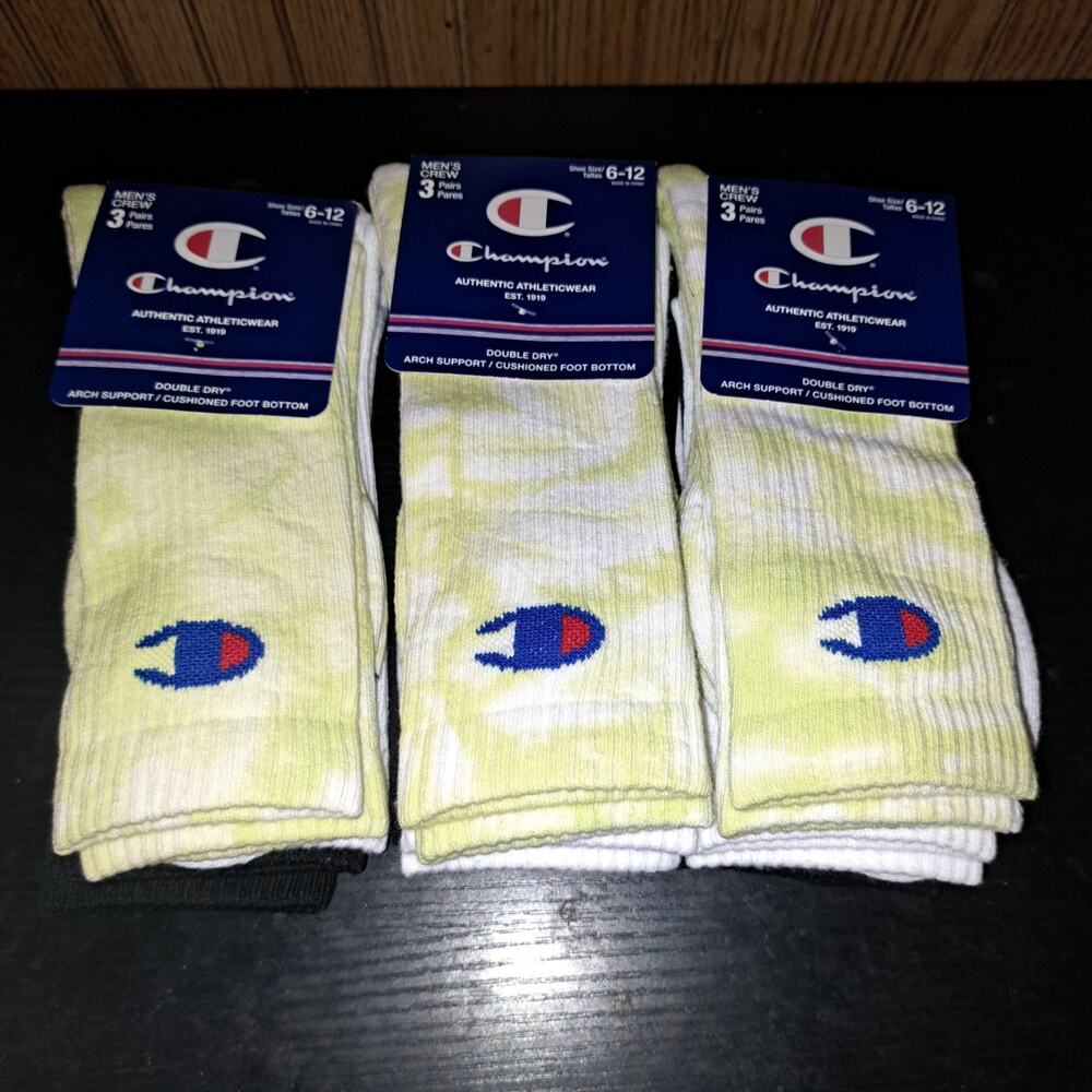 3 Pk Champion Cushioned Crew Socks Dry Mens Size 6-12 Tie Dye 3 Pairs Per Pk